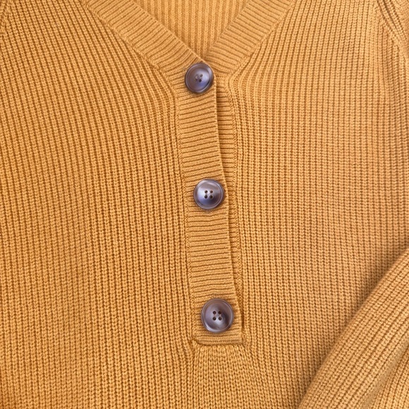 Mirol Mustard Yellow Ribbed Knit Sweater Dress | V-Neck Button Front - Picture 3 of 6